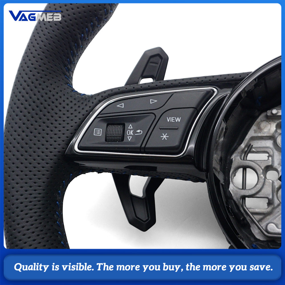 For Audi A3 8Y Genuine Perforated Leather Steering Wheel, Blue Contrast Stitching, S Badge, Lamborghini Style Big Shift Paddles, Car Interior Modification Sport Steering Wheel