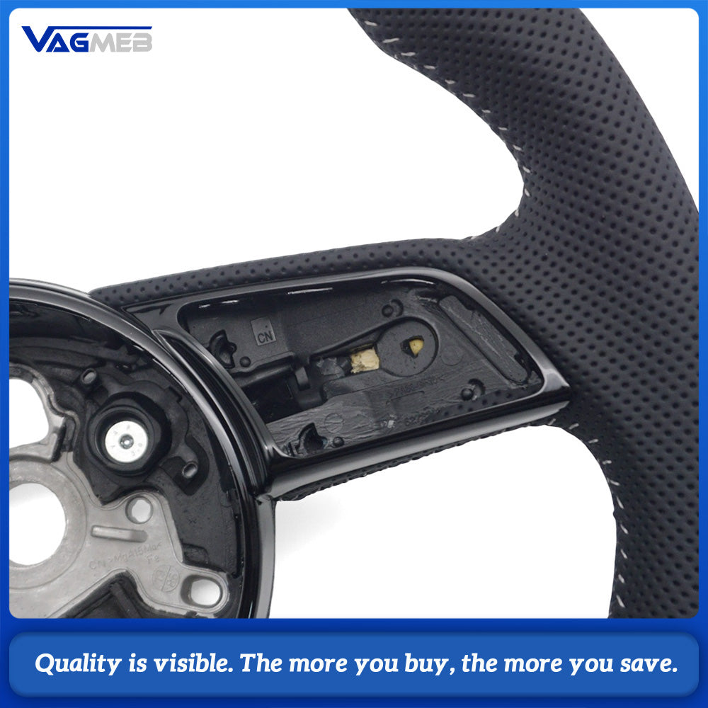 For Audi A4 B9 S Style Steering Wheel Half Punch Leather White Contrast Stitch Without Control Buttons