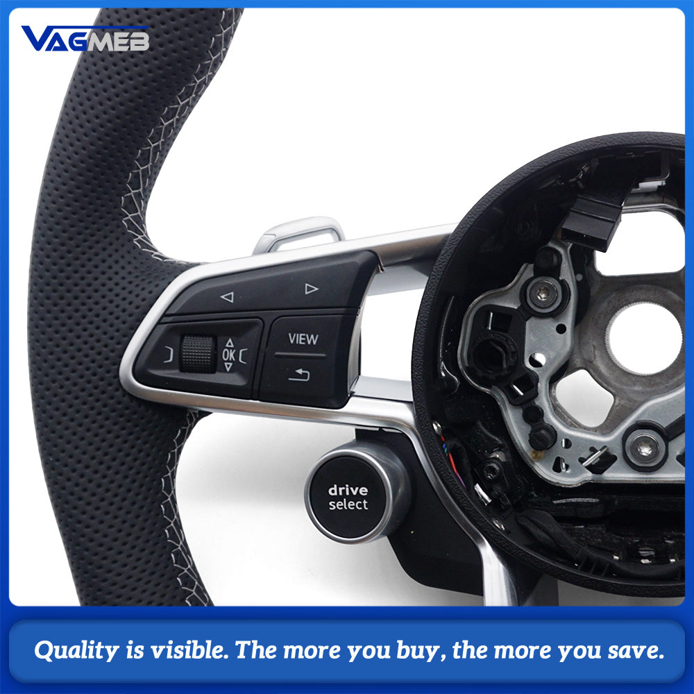 R8 Style Steering Wheel Semi‑Perforated Leather White Stitching With Paddle Shifters Full Multifunction R8 Satellite Buttons Hands‑Off Detection HOD For Audi R8