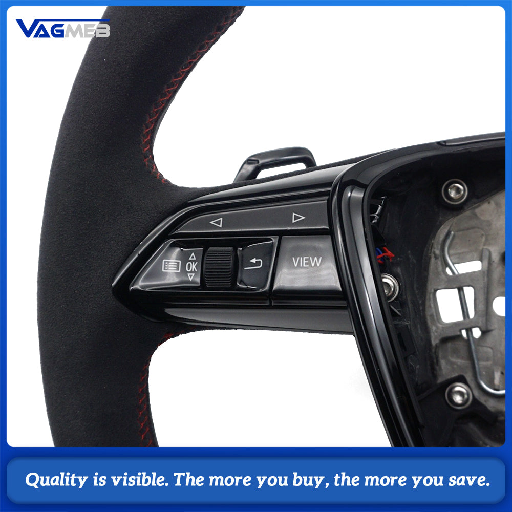Sport Steering Wheel Gloss Black Carbon Fiber Half‑Alcantara Red Stitching For Audi A6 C8, Multifunction Buttons Shift Paddles Heated Function