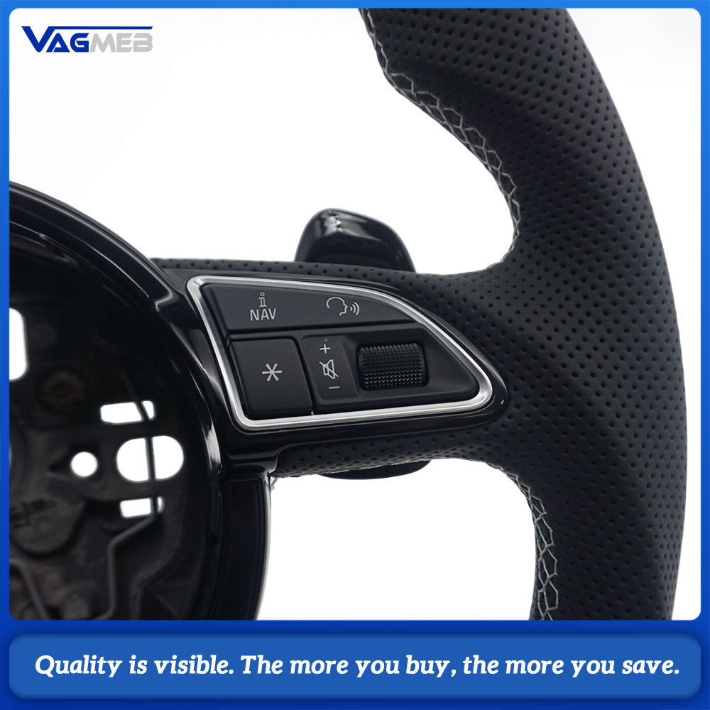 RS Sport Steering Wheel For Audi A6 C7 Alcantara Half Perforated White Stitch White 12 O'clock Marker With Buttons Chrome Shift Paddles Heated Optional