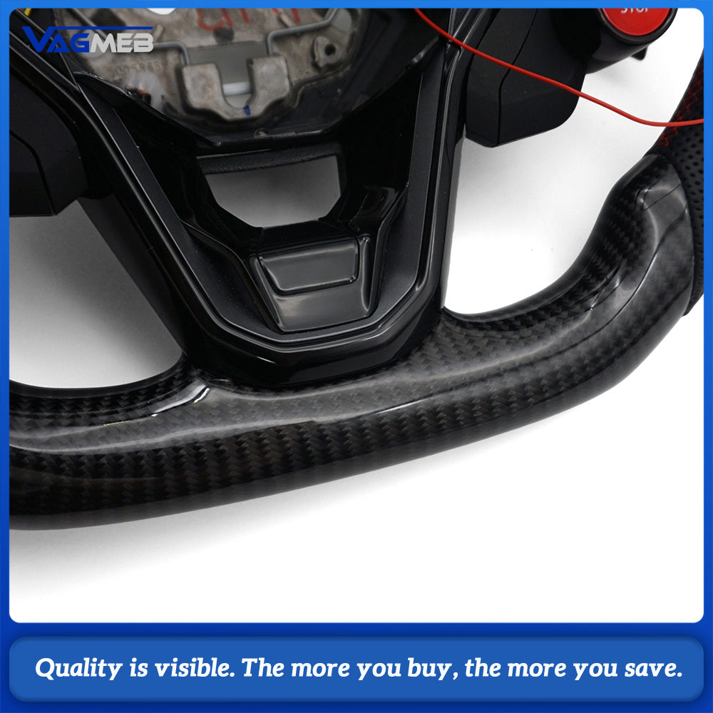 LED Carbon Fiber Steering Wheel For VW Golf MK8 GTI R, Half Perforated Leather Red Stitching, Red Top Marker, Multifunction Buttons, Carbon R8 2 Mode Buttons, DSG Paddle Shifters