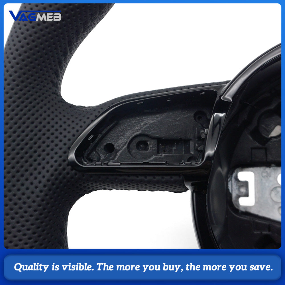 For Audi A4 B8 A3 8V A4 A5 A7 Q3 Q5 Q7 Black Stitched Full Leather Perforated Flat Bottomed Steering Wheel