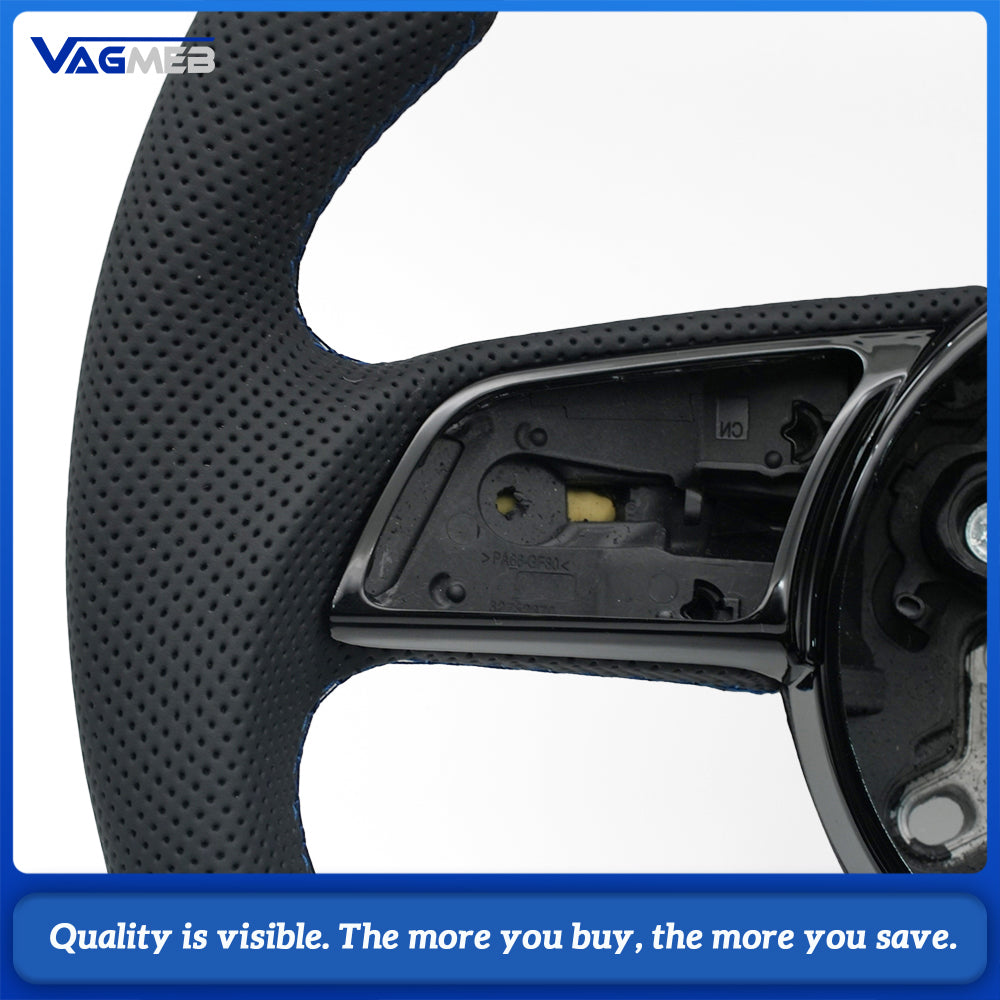 For Audi A4 B9 RS Steering Wheel, Alcantara TopBottom, Perforated Leather Sides, Blue Stitching, Blue 12 o’Clock Marker