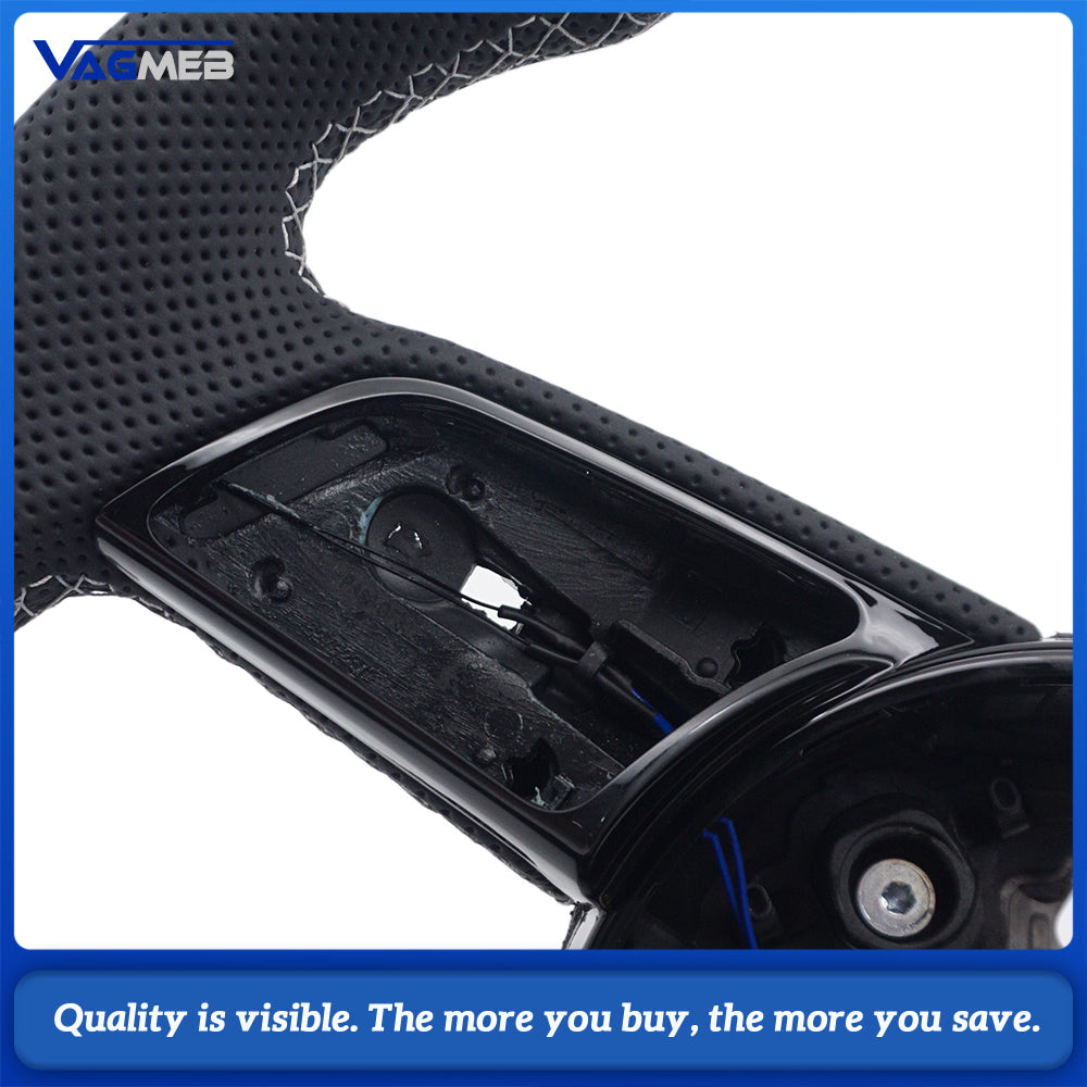 Car Half Perforated Leather Steering Wheel White Stitch Heated Function No Buttons No Paddle Shifters For Audi A4 B9 Modification