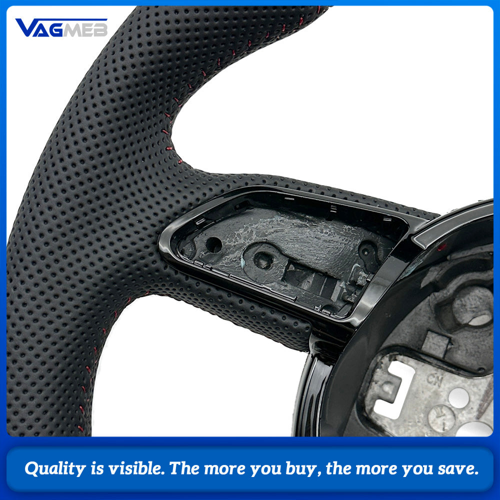 For Audi A4 B8 Half Perforated Leather Steering Wheel Red Stitching, Multifunction Steering Wheel Without Shift Paddles and Control Buttons Car Modification Parts