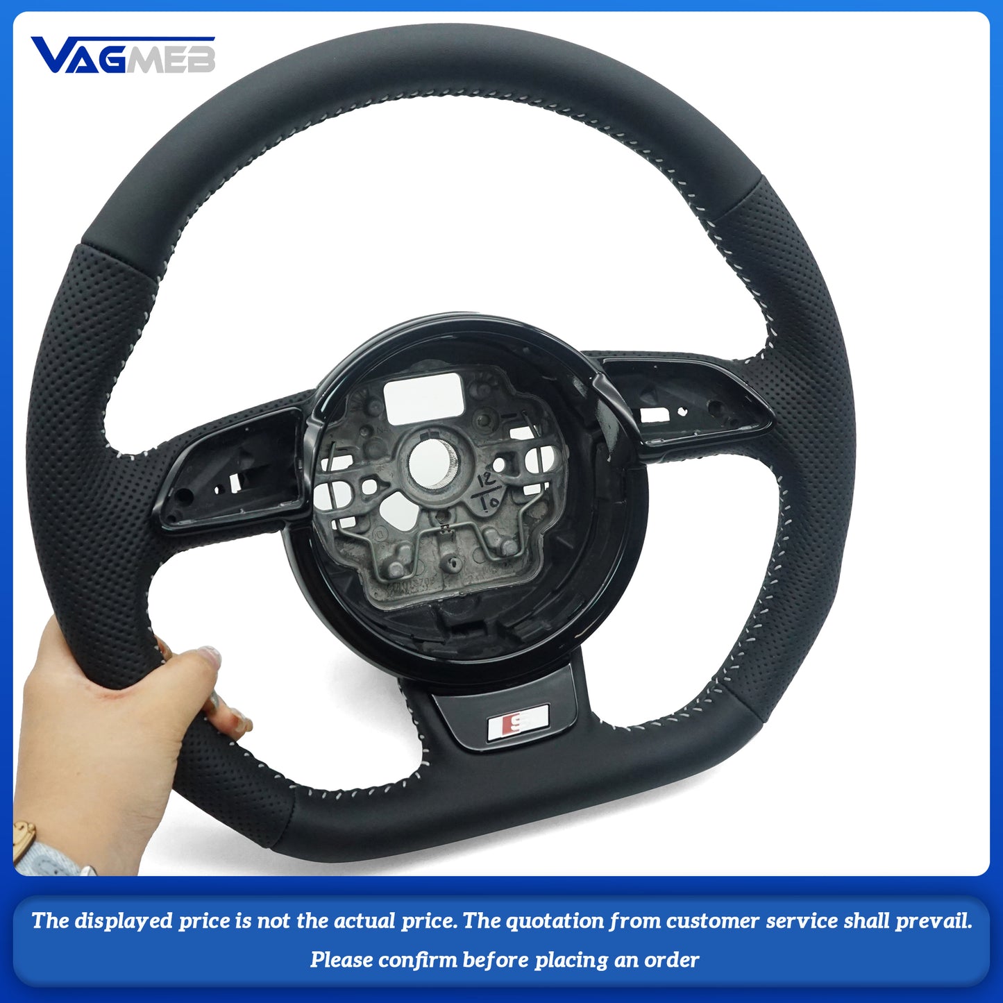 For Audi A6 C7 perforated leather White stitched flat bottomed sports steering wheel, Car Accessories