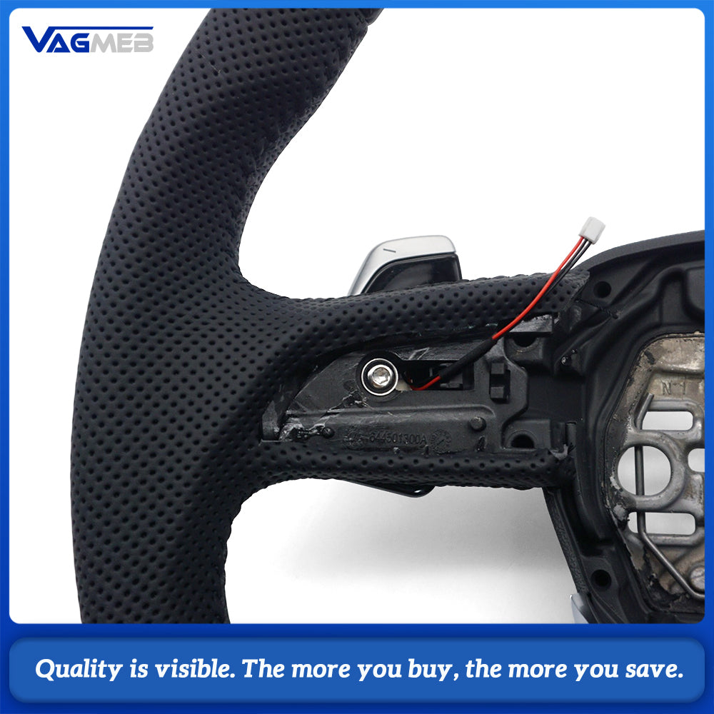Sport Steering Wheel Half‑Perforated Leather Black Stitching For Audi Q3, With Shift Paddles, No Buttons, Non‑Heated