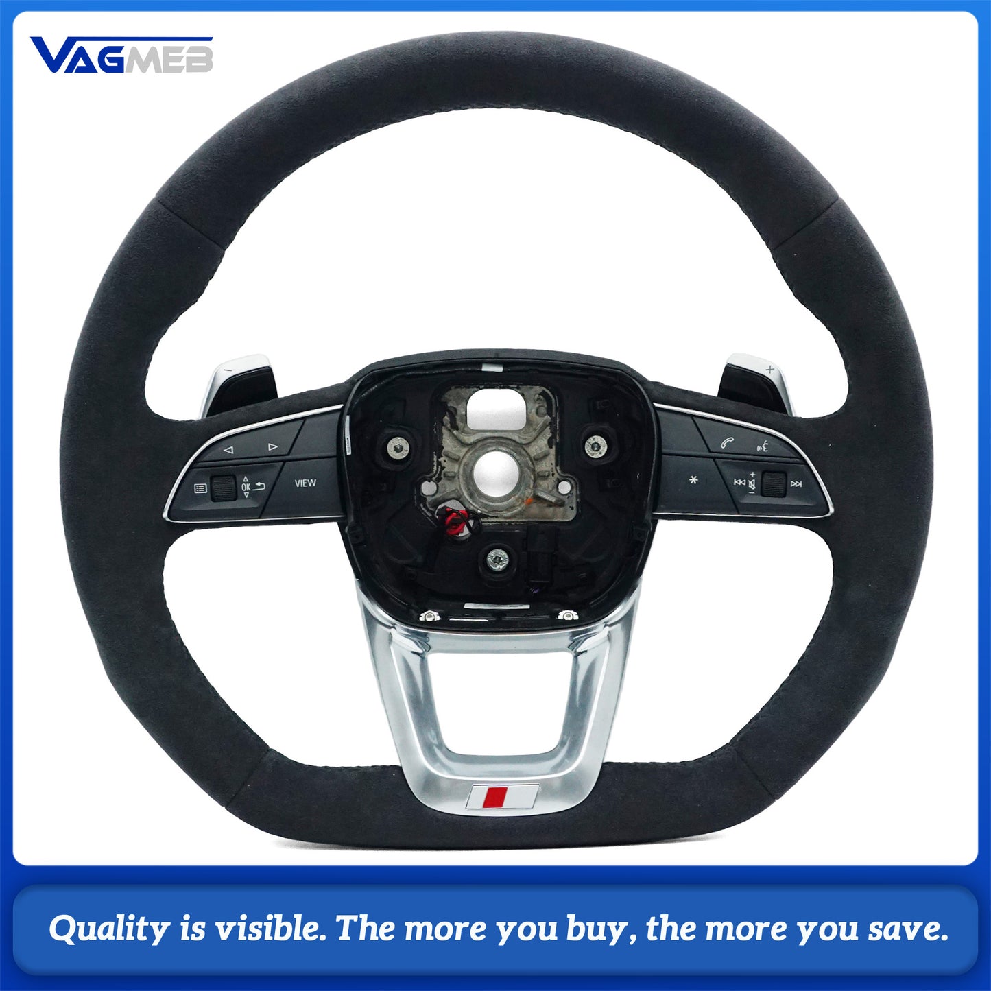 For Audi Q5 FY Full Alcantara Suede Steering Wheel, Black Stitching, S Logo, Heated Function, Paddle Shifters & Multi-Function Buttons