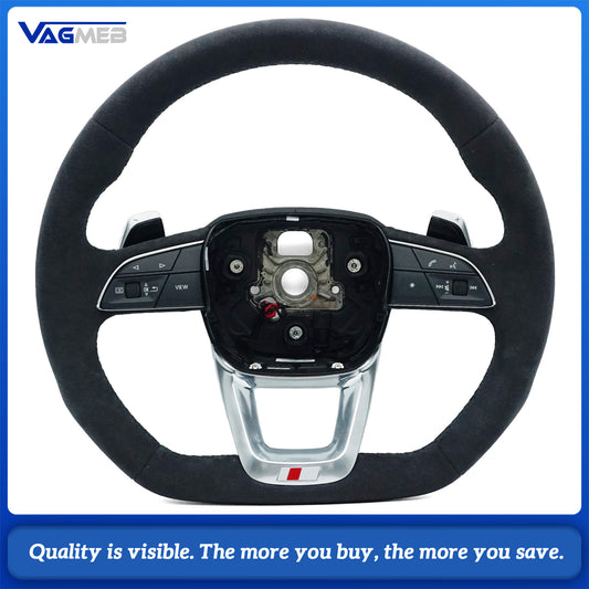 For Audi Q5 FY Full Alcantara Suede Steering Wheel, Black Stitching, S Logo, Heated Function, Paddle Shifters & Multi-Function Buttons