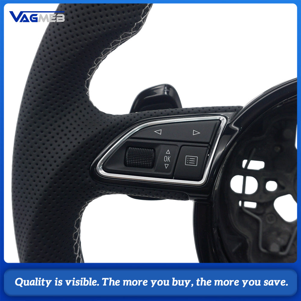 RS Sport Steering Wheel For Audi A6 C7 Alcantara Half Perforated White Stitch White 12 O'clock Marker With Buttons Chrome Shift Paddles Heated Optional