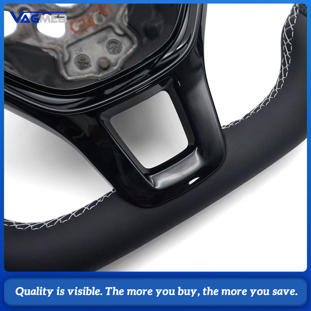 Universal Semi Perforated Leather Car Steering Wheel, White Stitching, Car Interior Sport Modification Steering Wheel For VW T6