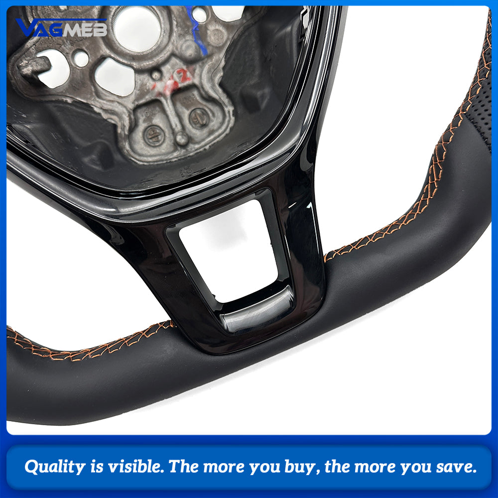 Car Sport Steering Wheel Fit For Multivan T6, Half Perforated Leather, Brown Stitch, Equipped with Gloss Painted Decorative Frame