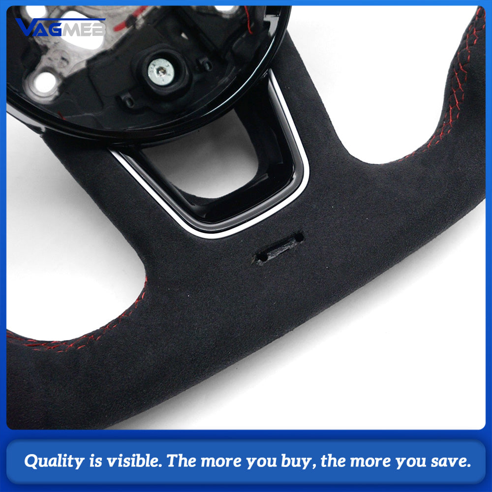 For Audi A4 B9 Steering Wheel, Top & Bottom Alcantara, Side Perforated Leather, Red Stitching, Red Center Marker, Contoured Design, Without Airbag
