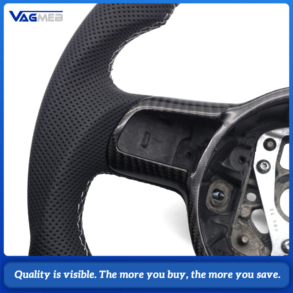For Audi R8 Mk1 42 2007-2015 Carbon Fiber Steering Wheel, Half-Perforated Leather, White Stitching, White 12 O'clock Mark, With Button Frame & R8 Logo, Custom Upgrade