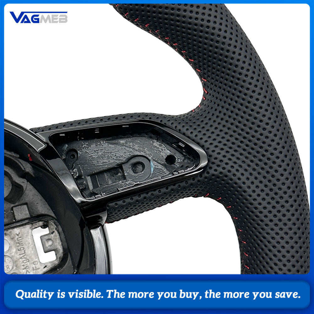 For Audi A4 B8 Half Perforated Leather Steering Wheel Red Stitching, Multifunction Steering Wheel Without Shift Paddles and Control Buttons Car Modification Parts