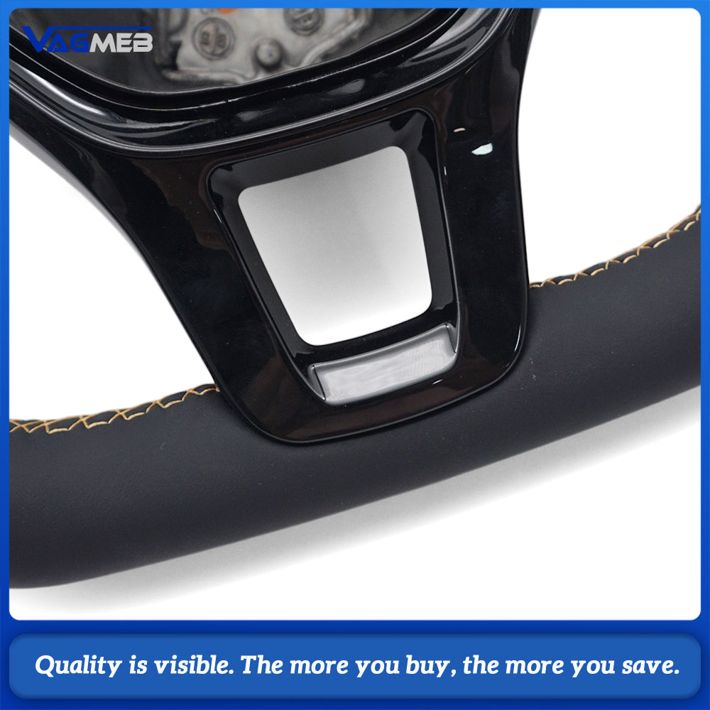 Car Steering Wheel Half Perforated Leather Brown Stitching With Trim Frame Without Control Buttons Replacement For VW T6 Transporter