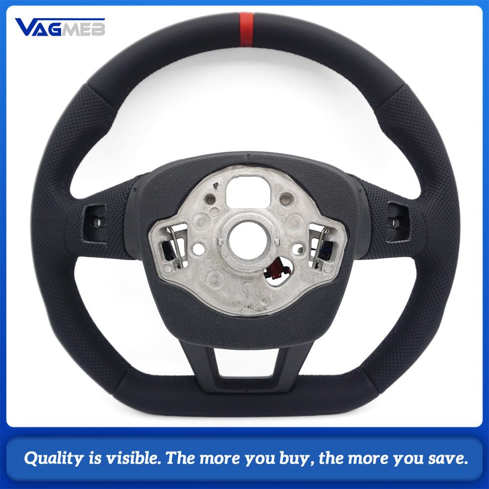 For Audi A6 C8 S Steering Wheel, Half Perforated Leather, Black Stitching, Red Marker, Heated, Flat Bottom