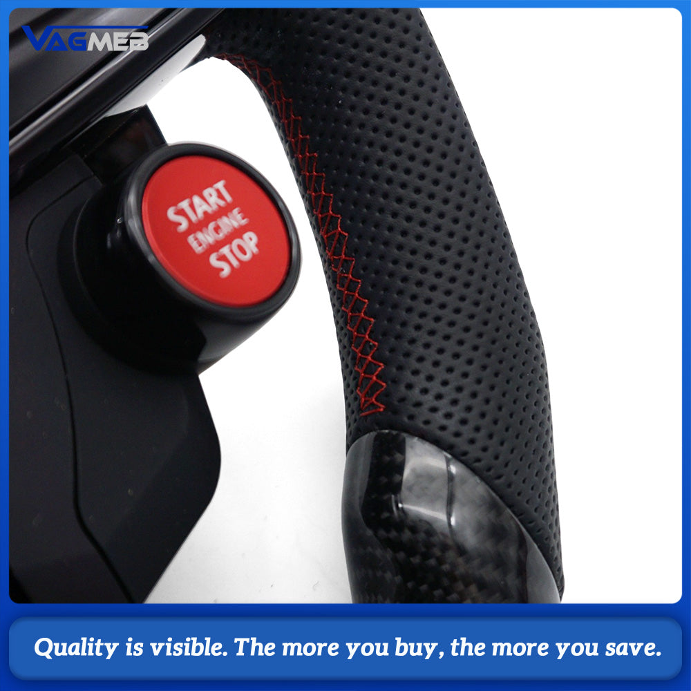 LED Carbon Fiber Steering Wheel For VW Golf MK8 GTI R, Half Perforated Leather Red Stitching, Red Top Marker, Multifunction Buttons, Carbon R8 2 Mode Buttons, DSG Paddle Shifters