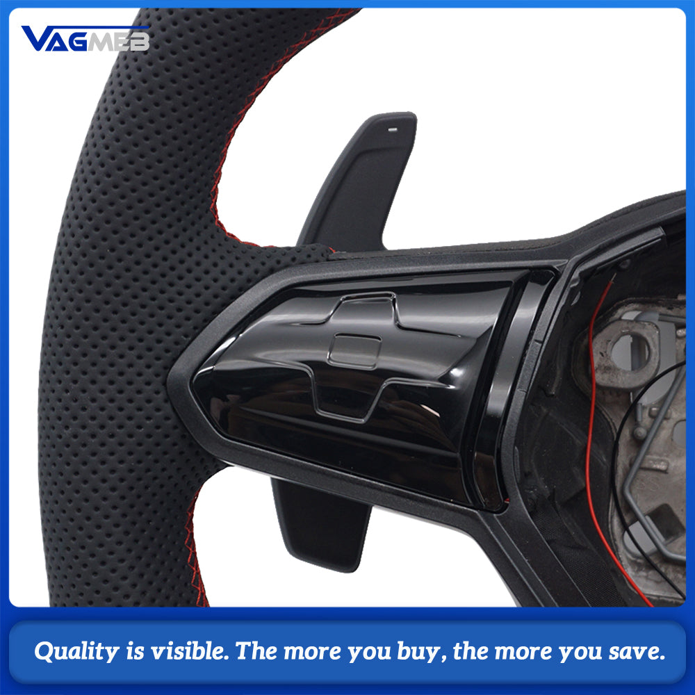Car Sport LED Carbon Fiber Steering Wheel For VW Golf 8 MK8, Half Perforated Leather, Red Stitch, Red 12 O’Clock Center Mark, Equipped with Multi-function Buttons & Gear Shift Paddles
