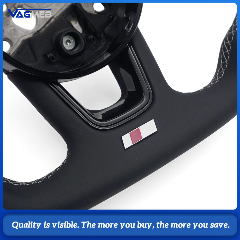 For Audi A4 B9 S Style Steering Wheel Half Punch Leather White Contrast Stitch Without Control Buttons