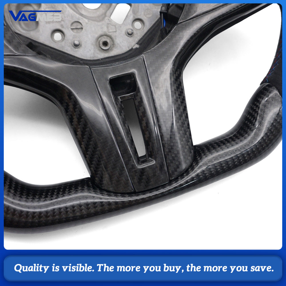 Carbon Fiber Sport Steering Wheel LED Shift Display Semi‑Alcantara Suede M‑Tri‑Color Stitching Tri‑Color Center Mark Full Carbon‑Fiber Button Trim With Steering Wheel Heating For BMW G38