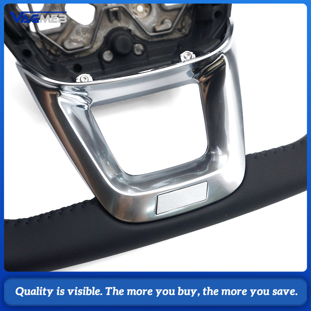 Sport Steering Wheel Half‑Perforated Leather Black Stitching For Audi Q3, With Shift Paddles, No Buttons, Non‑Heated