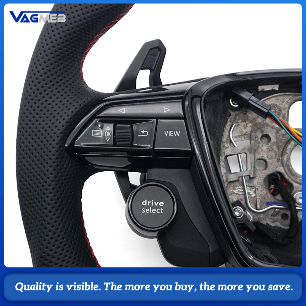 Carbon Fiber Half Perforated Steering Wheel, Gloss Black Trim, Red Stitch, Red Center Marker, R8 Buttons, Heating & Hands Off Detection, With Paddle Shifters & Multifunction Keys for Audi A6 C8