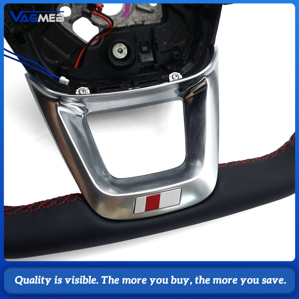 Heated Sport Steering Wheel Half‑Perforated Leather Red Stitching For Audi Q5FY, No Buttons No Shift Paddles