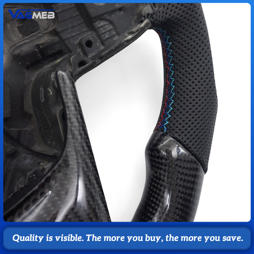 Custom Racing Flat Base Steering Wheel Carbon Fiber & Half Perforated Leather Blue Contrast Stitching For BMW X1 E84 F48