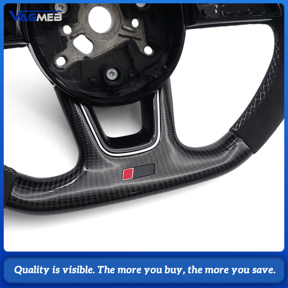 Modified Steering Wheel For Audi A4 B9, Semi Alcantara & Carbon Fiber, White Stitch, Blue Top Marker, RS Emblem