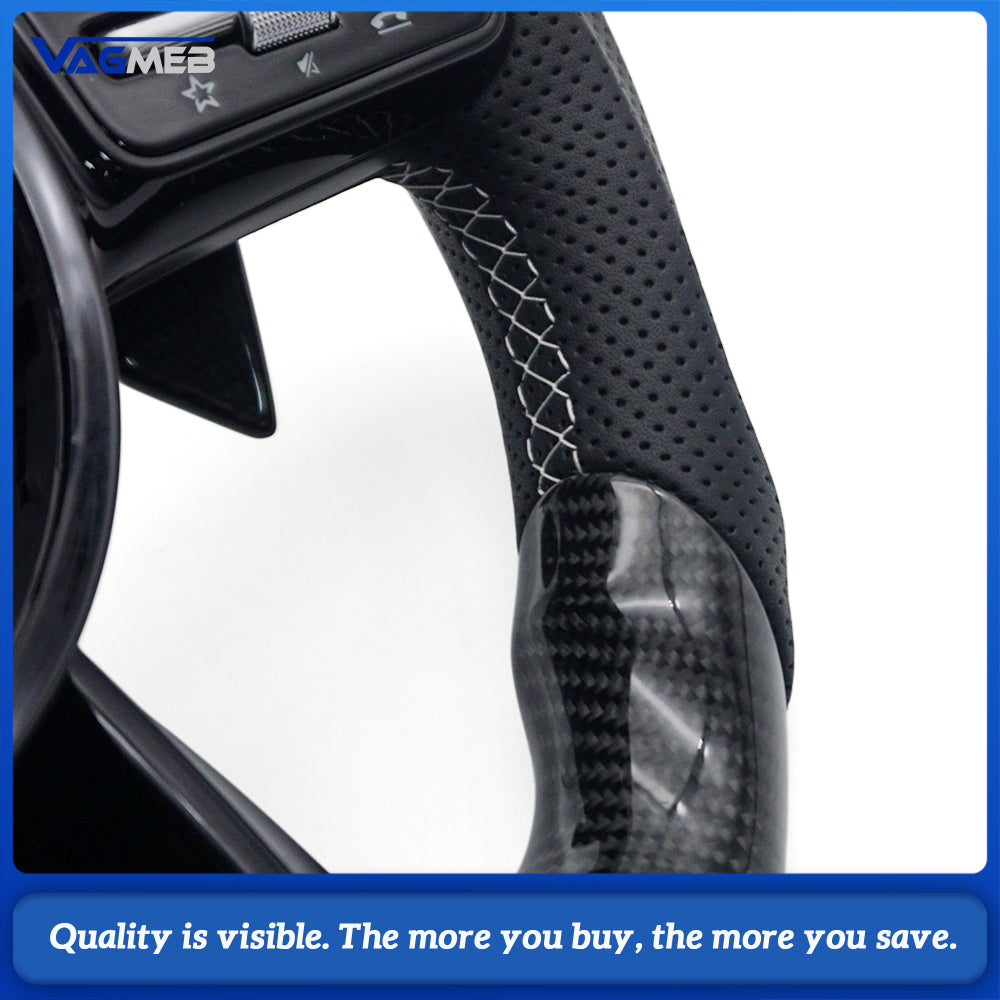 Car AMG Style Carbon Fiber Half Perforated Leather Steering Wheel White Stitching White Center Marker With Control Buttons And Large Paddle Shifters For Mercedes Benz