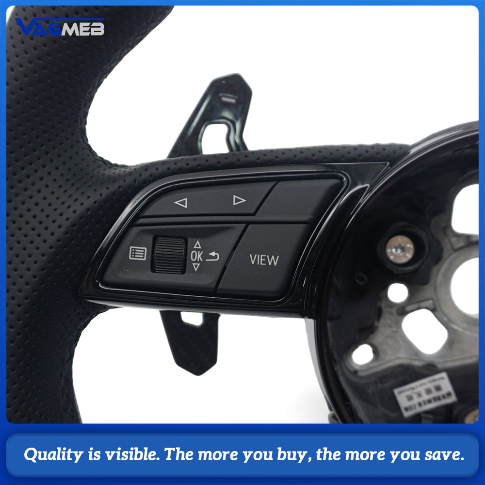 Flat Bottom RS Sport Steering Wheel Fit Audi A4 B9 OEM Bare Core Half Perforated Black Stitch Complete Carbon Paddles Button Trim HOD Decoder Included