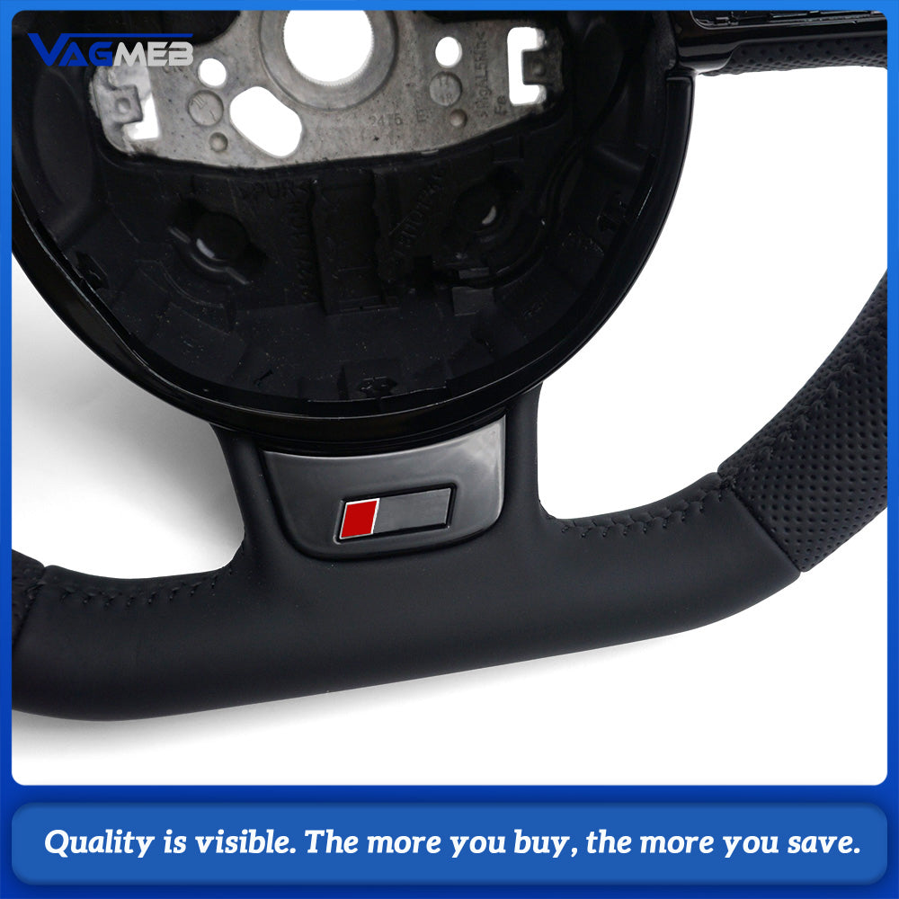 Sport Steering Wheel Replacement For Audi A4 B8, Semi-Perforated Black Leather, Black Stitch, RS Badge, Without Paddles & Multifunction Buttons