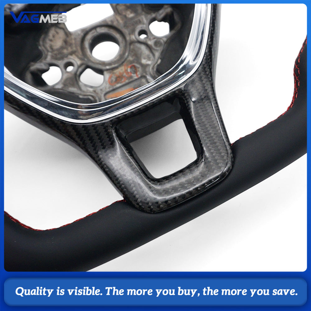 For VW T6 Half Perforated Leather Steering Wheel, Red Stitching Steering Wheel With Carbon Fiber Frame Car Modification Replacement Part