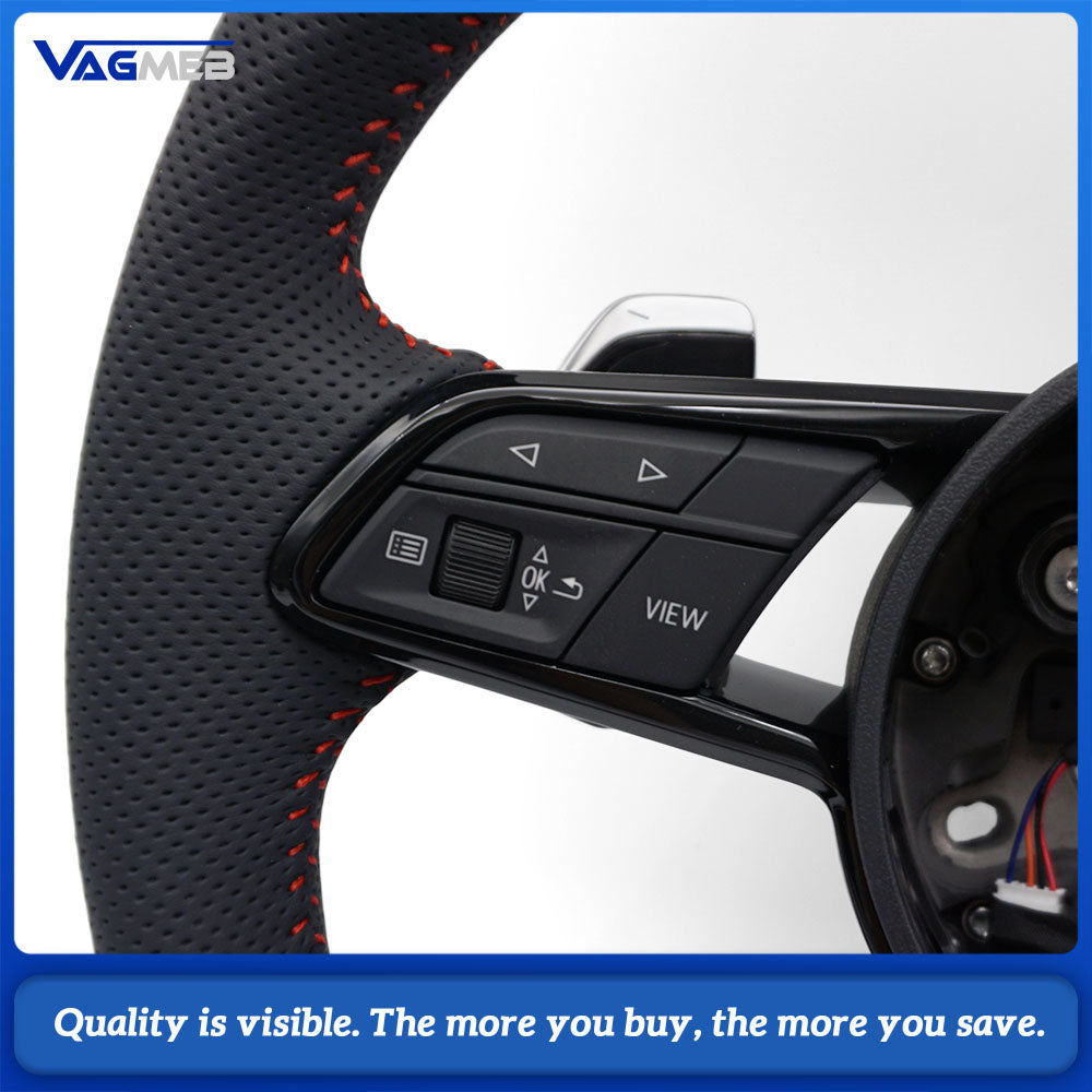 R8 Flat Bottom S-line Steering Wheel Half Perforated Red Stitch With Buttons Shift Paddles For Audi