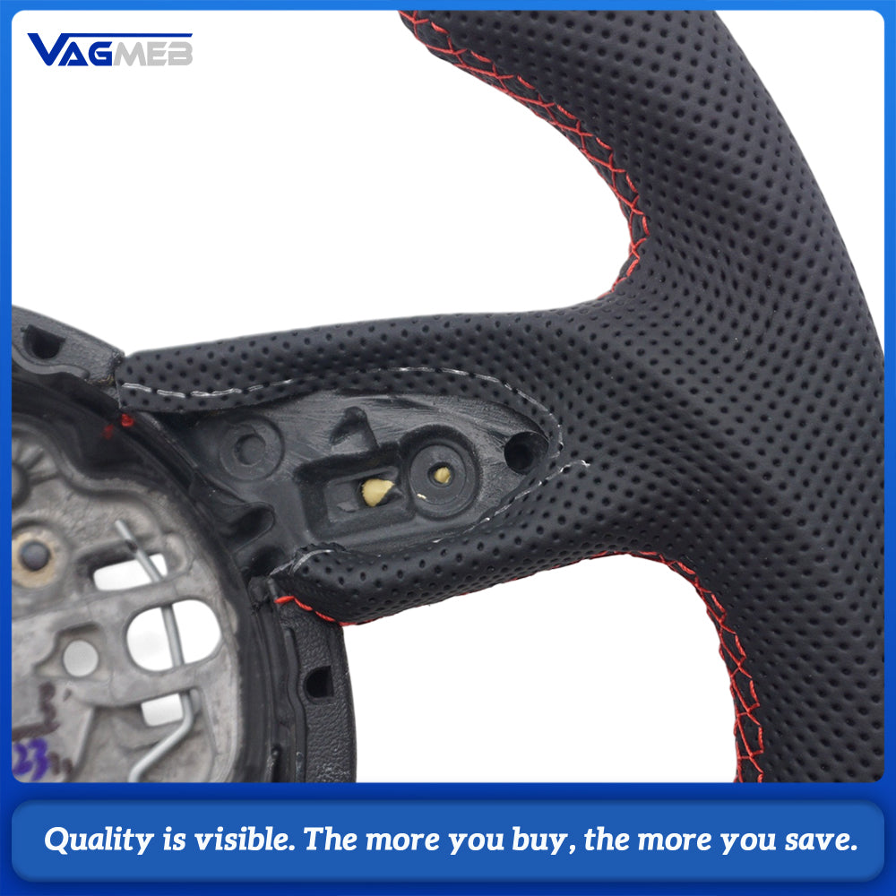 Car Half Perforated Leather Steering Wheel Red Stitching Without Buttons Paddle Shifters Decorative Frame Replacement For Audi A6 C7