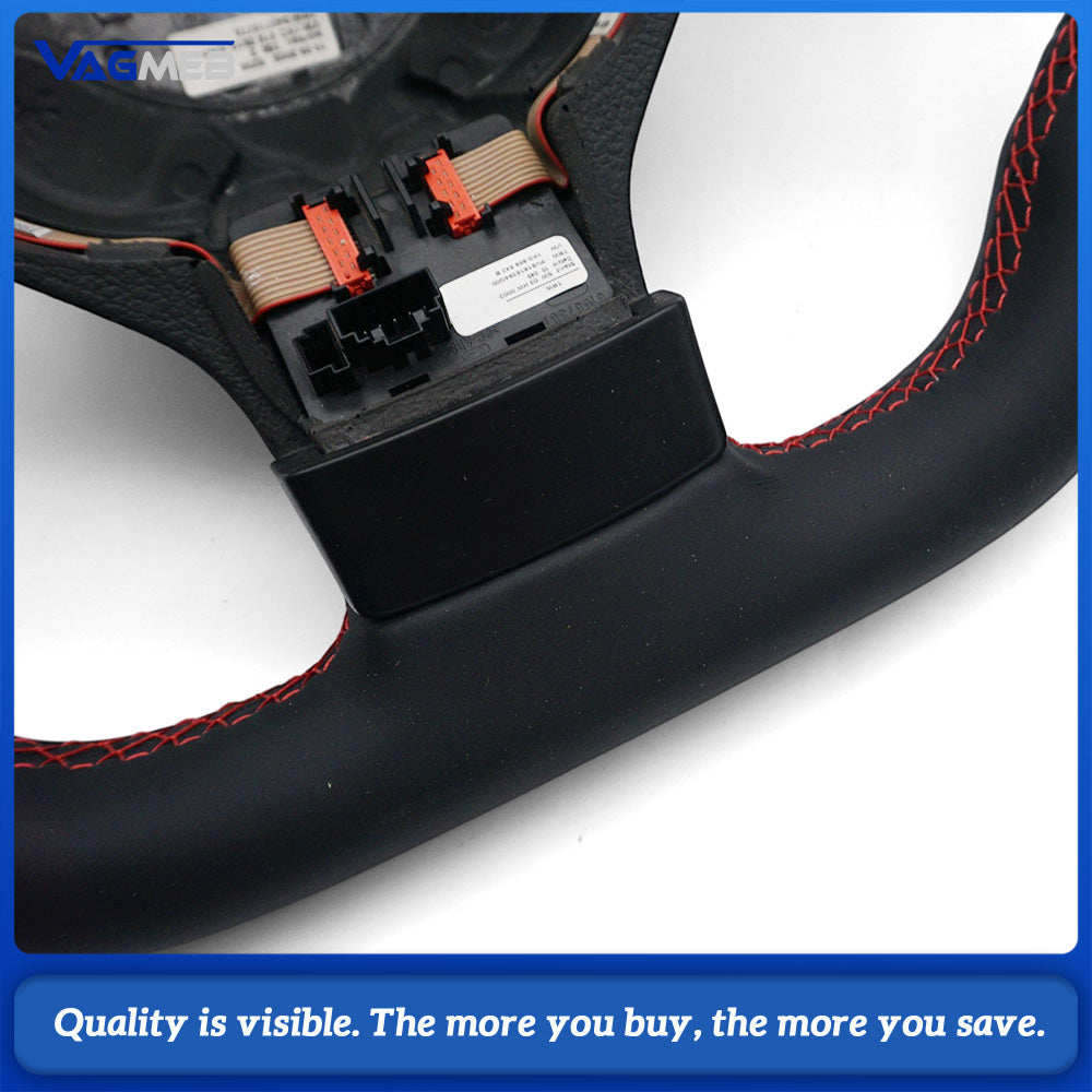 For VW Golf MK5 Half Perforated Leather Steering Wheel, Red Stitching With Control Buttons Without Shift Paddles