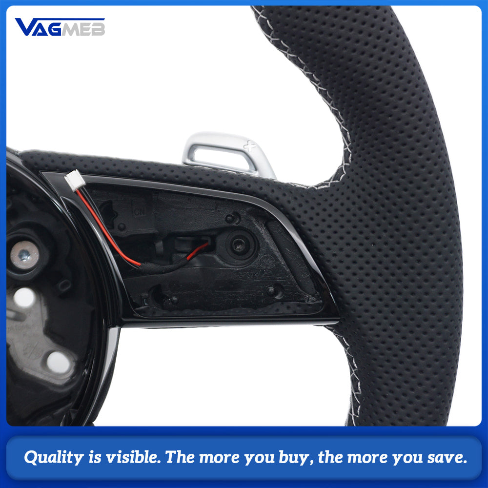 Half Perforated Steering Wheel for Audi A4 B9, White Stitch, Heated, With Paddle Shifters, No Buttons