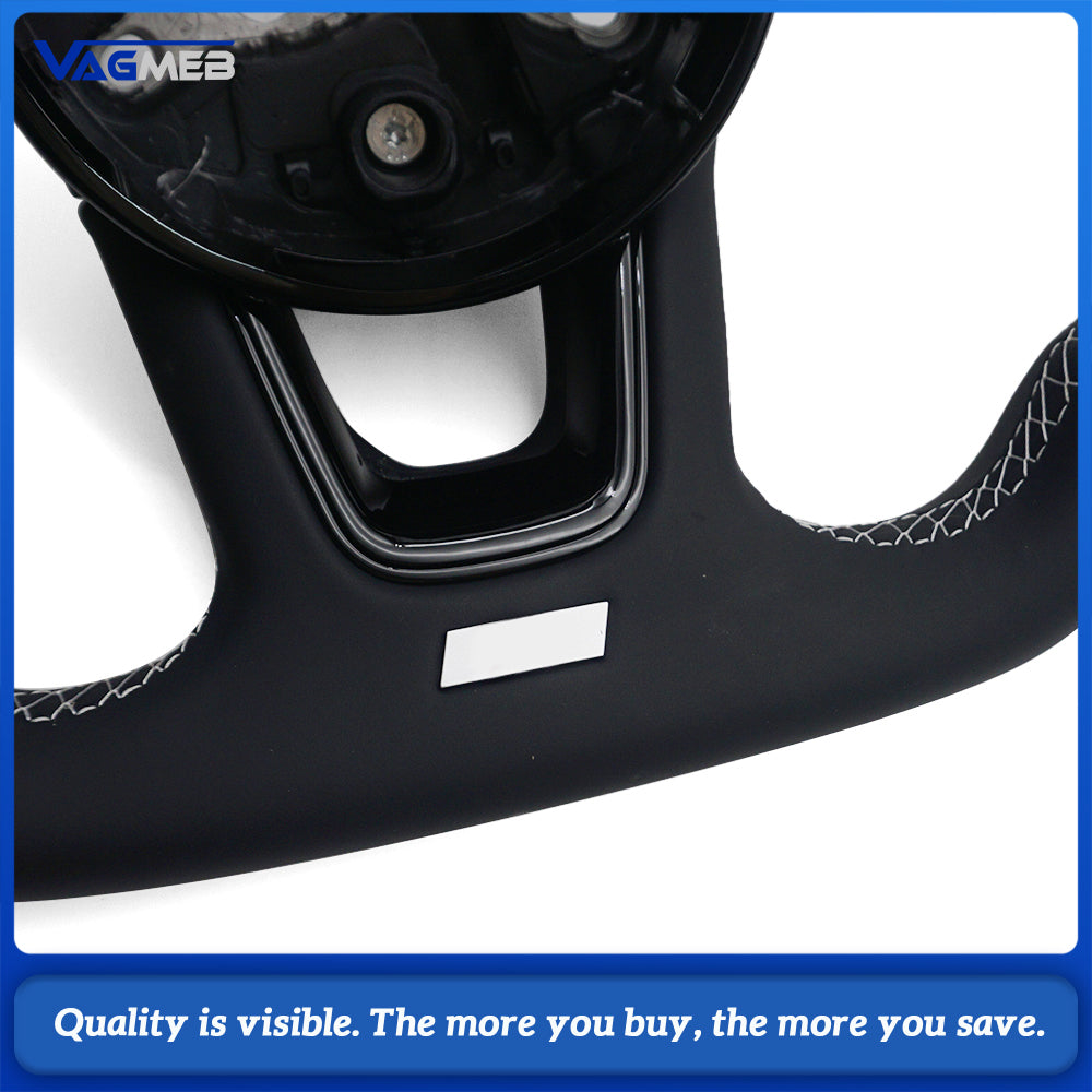 Sport Contoured Steering Wheel For Audi A4 B9, Half‑Perforated Leather White Stitching White Centering Mark, No Shift Paddles