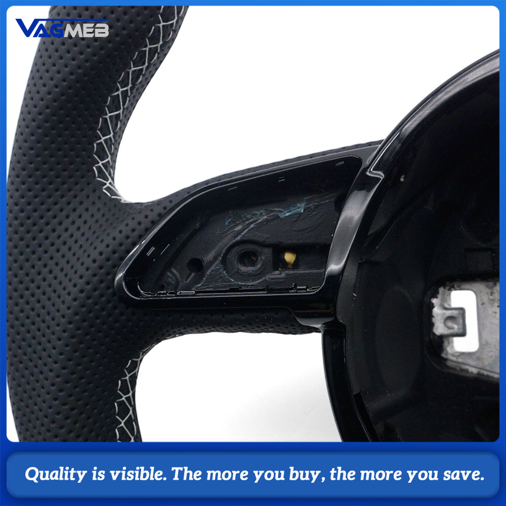For Audi A4 B8 Shaped Steering Wheel Base, Half Perforated Leather White Stitching Black Centering Marker