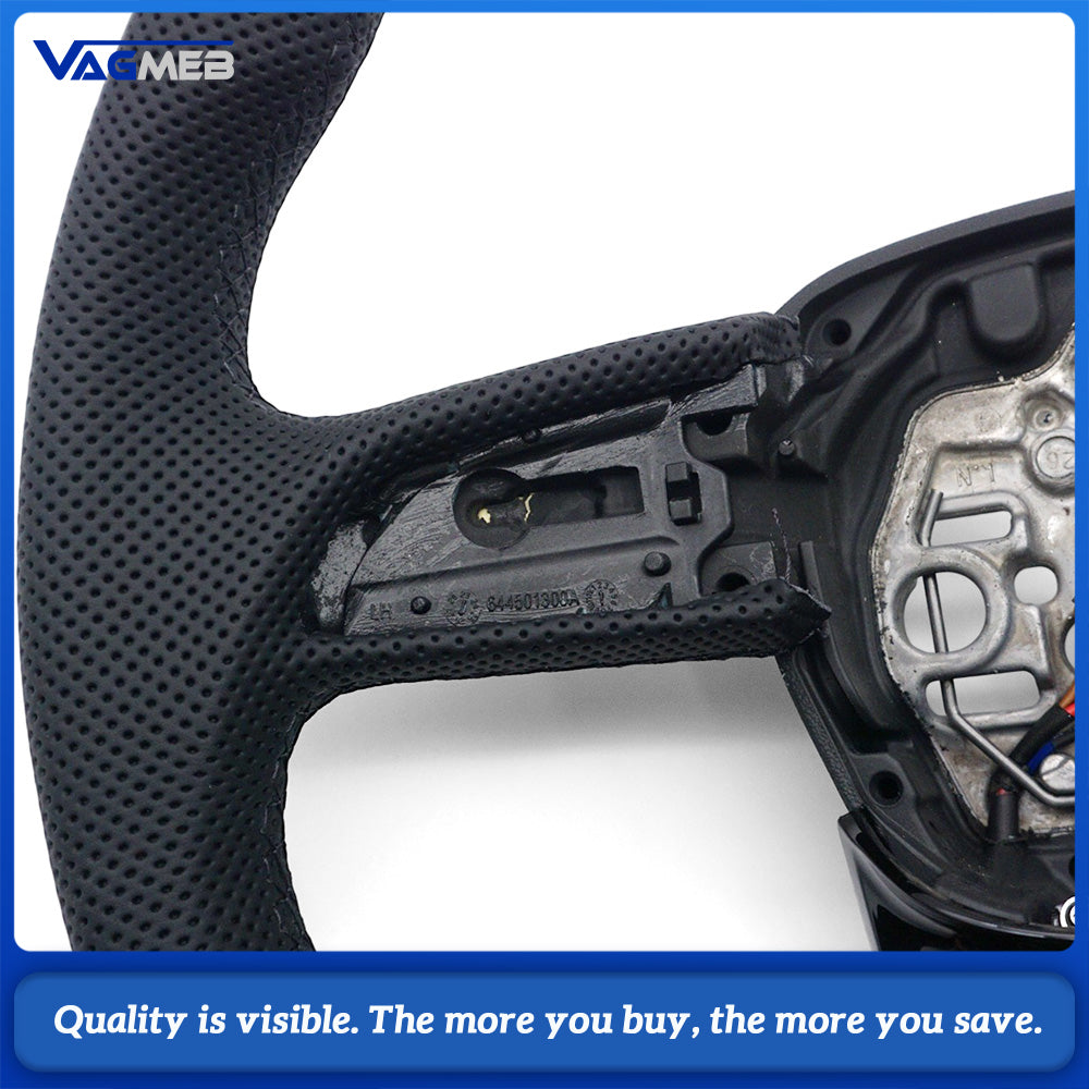 For Audi Q3 Steering Wheel, Half Perforated Leather, Gloss Black Finish, Black Stitching, Heated Function, Without Buttons & Paddle Shifters