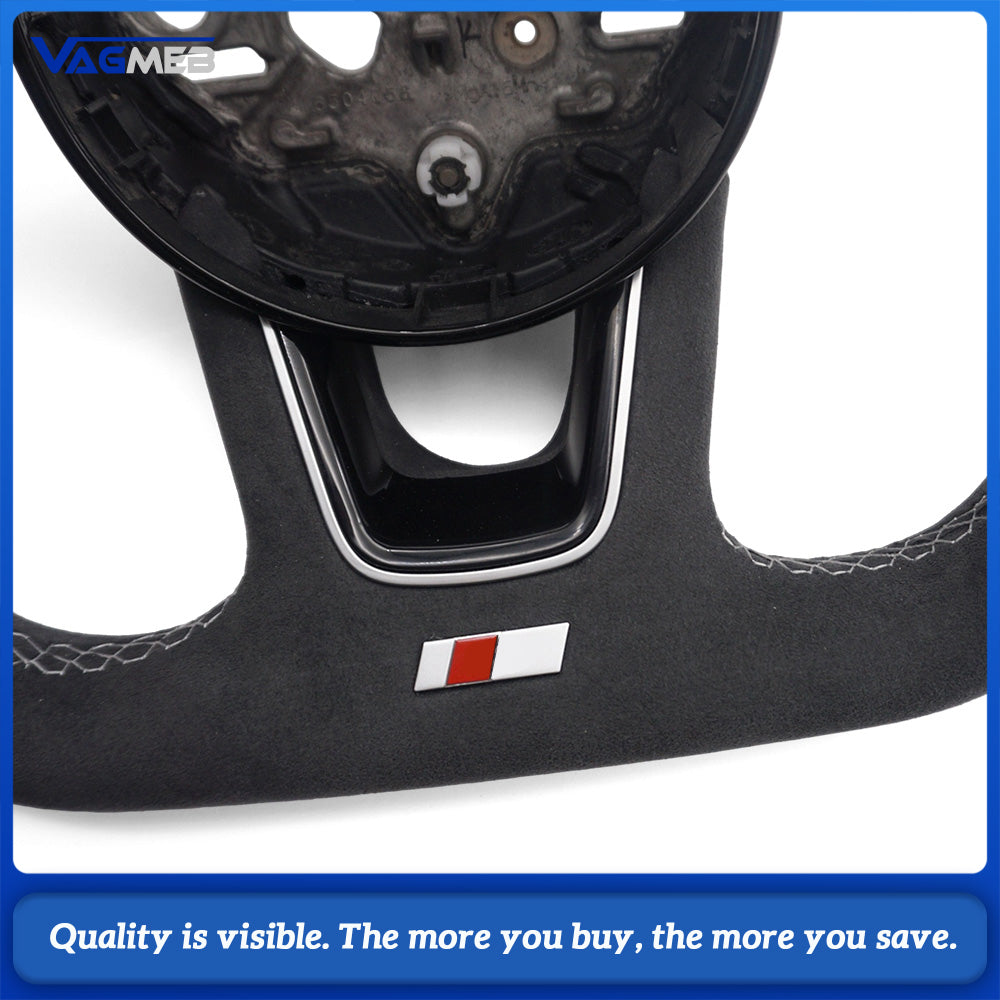 For Audi A38Y S Sport Steering Wheel With S Badge Shaped Bottom Base Half Perforated Leather Upper Lower Alcantara Cover White Thread Green Recenter Mark Modified Interior Steering Wheel