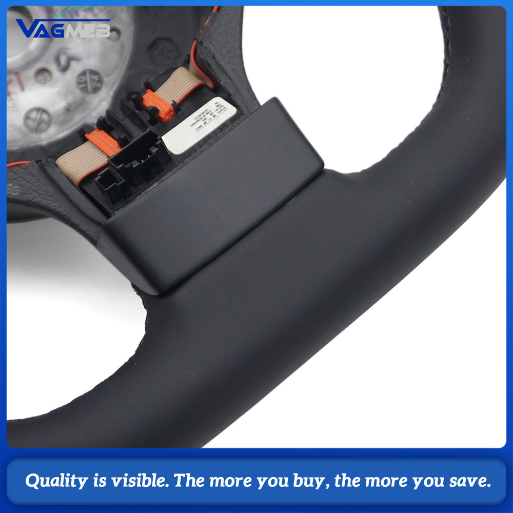 VW Golf MK5 Semi Perforated Leather Steering Wheel, Black Stitching With Control Buttons, Without Shift Paddles Retrofit Replacement