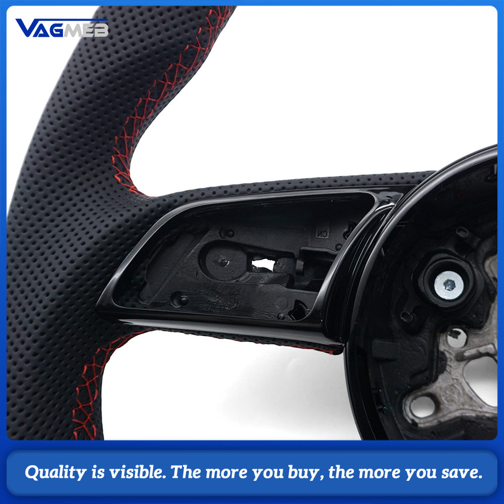 For Audi A4 B9 S logo Contoured Steering Wheel Base, Semi Perforated Leather with Red Contrast Stitching, No Shift Paddles, No Buttons, Car Interior Modification Sport Steering Wheel
