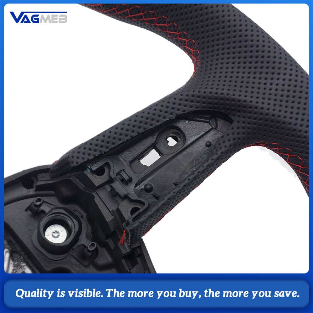 For Audi Q5L Semi Perforated Leather Steering Wheel Red Stitching Without Control Buttons & Shift Paddles Retrofit
