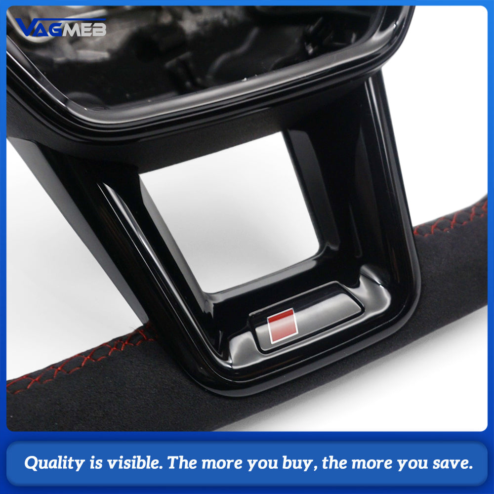 RS Steering Wheel For Audi A6L C8 A7 RS7, Full Alcantara, Black Gloss RS Logo, Red Stitching, Red Center Mark, Flat Bottom