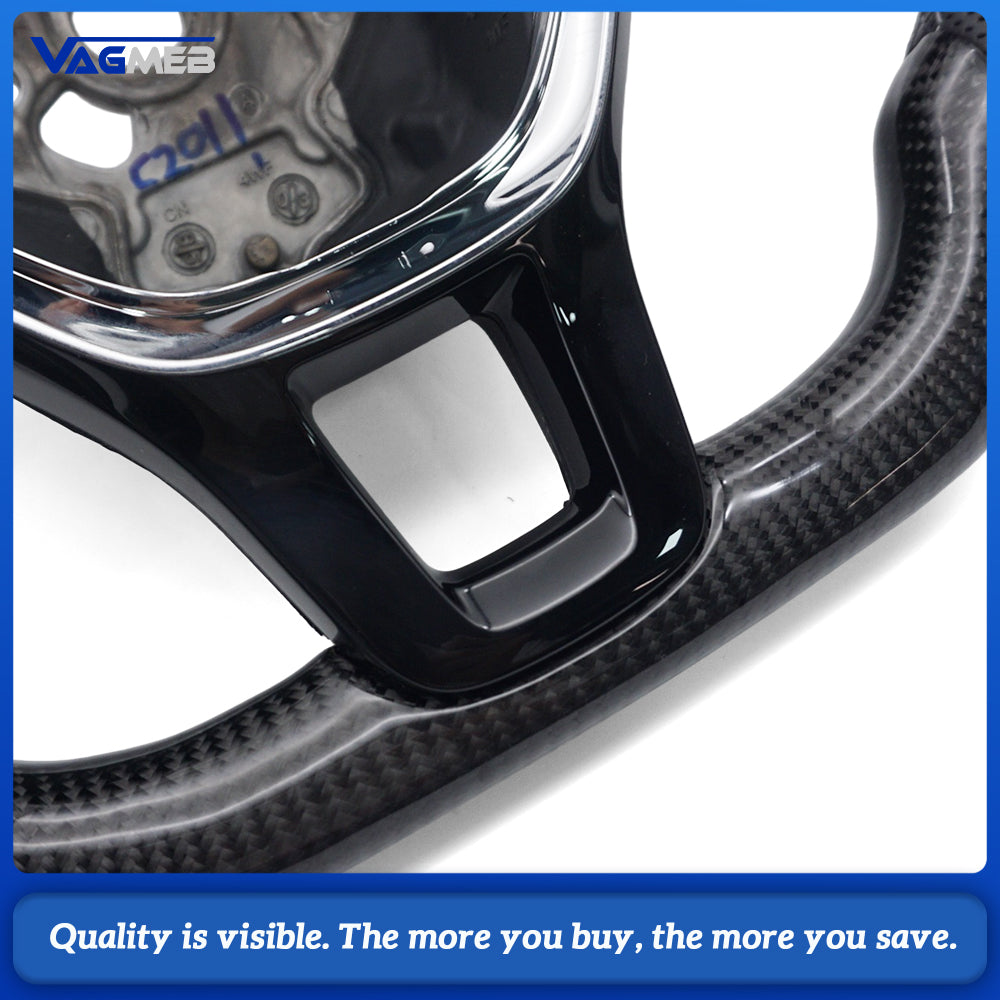 Carbon Fiber Sport Steering Wheel Semi‑Perforated Leather Grey Contrast Stitching White Center Mark Buttons Not Included For VW Transporter T6