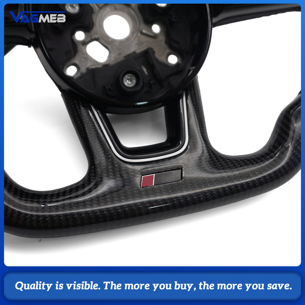 Flat Bottom Gloss Carbon Fiber Steering Wheel Half Perforated Leather Black M Tri-Color Stitch RS Badge 12 O'clock Marker Fit Audi A4 B9 S4 RS4