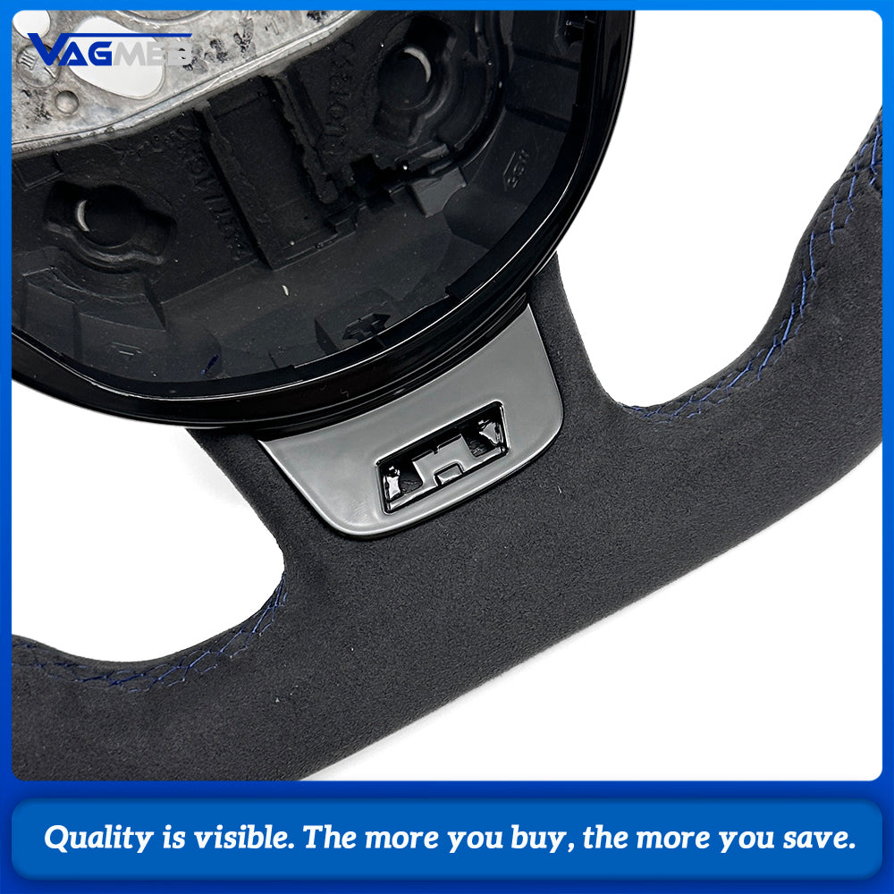 Sculpted Flat‑Bottom Sport Steering Wheel Top & Bottom Alcantara Left‑Right Perforated Leather Blue Stitching Blue Center Mark No Paddles Buttons Not Included For Audi A4 B8